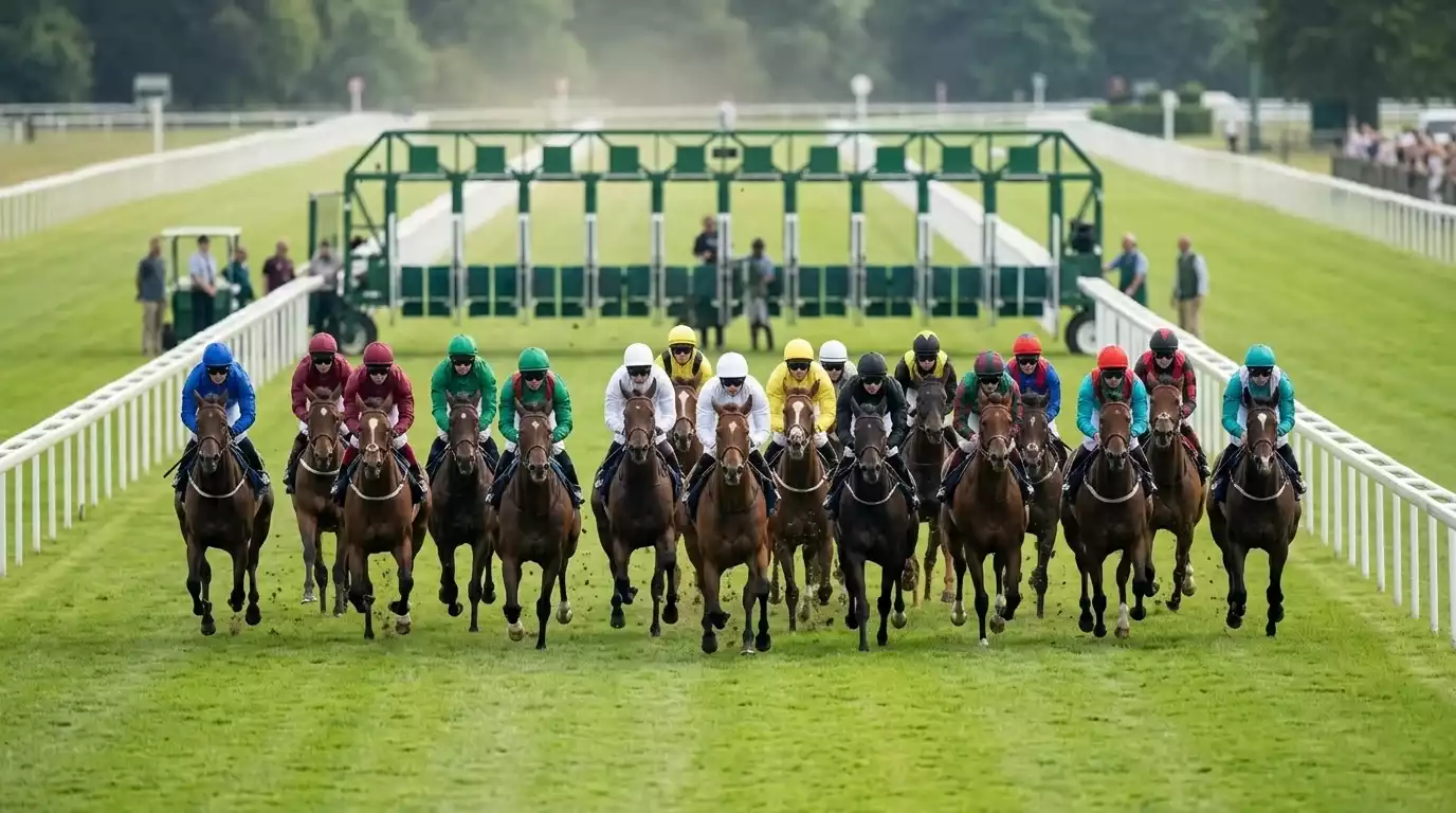 A large field of British flat racehorses breaking from the stalls at a major handicap meeting, the field size that triggers four-place terms at a quarter of the odds