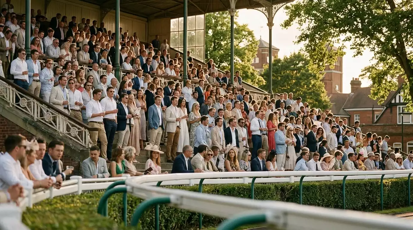 A full grandstand at a British racecourse on a featured raceday, the on-course audience that anchors the cultural side of a market that mostly flows through online accounts