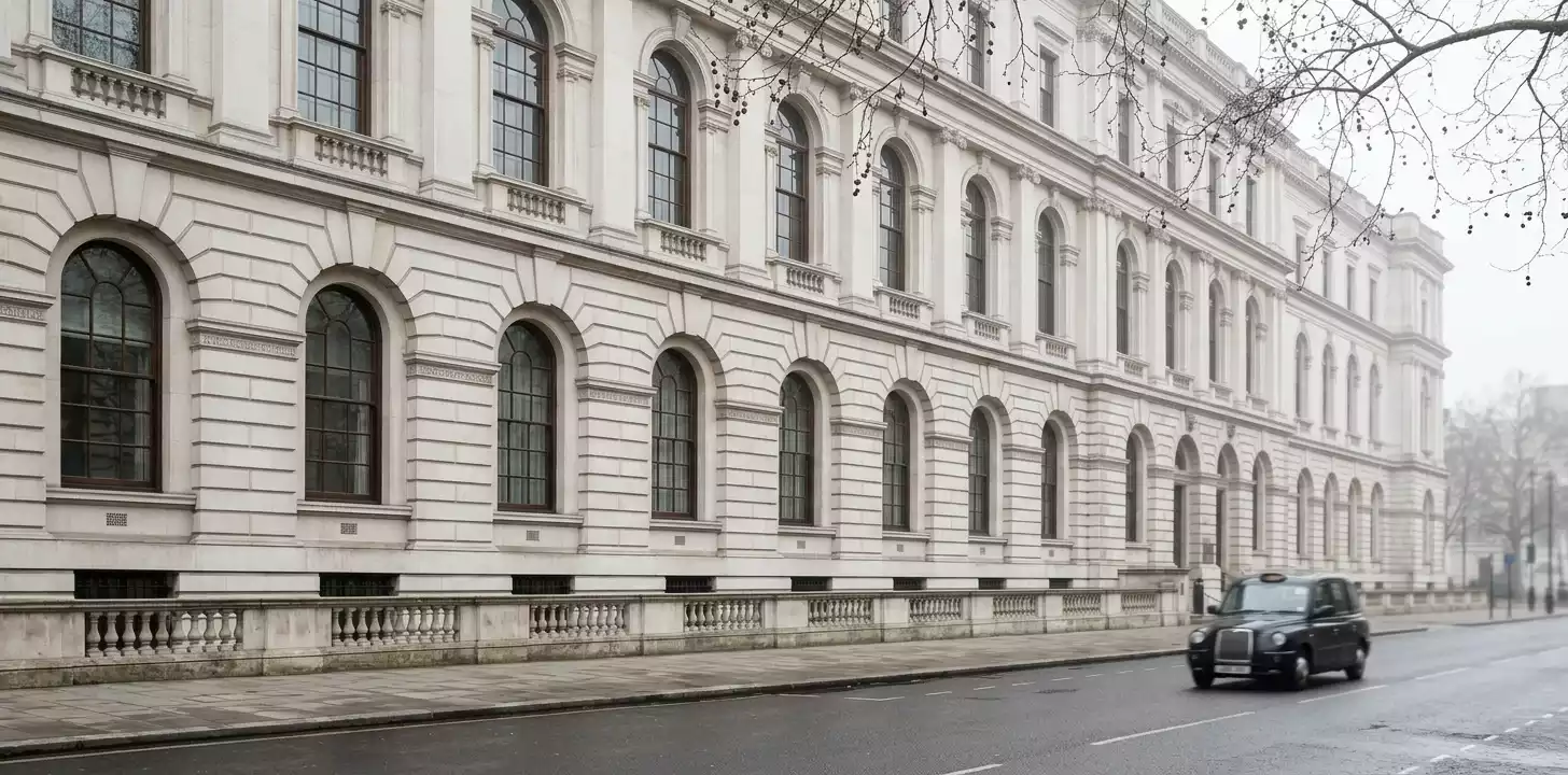 HM Treasury building on Horse Guards Road in Westminster on a grey London morning, the institution behind the Autumn Budget 2025 duty changes and the horse-racing carve-out from the General Betting Duty rise